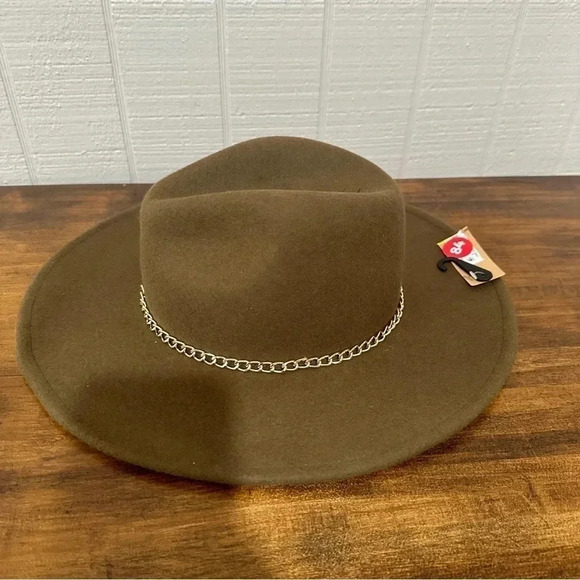 Steve Madden Green Women's Felted 100% Wool Metal Chain Trimmed Fedora Hat NWT - Picture 3 of 8